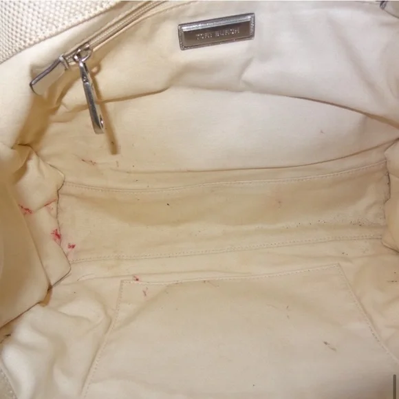 Tory Burch Small Ella Natural Canvas Silver Leather Trim Tote Bag Purse - Picture 4 of 8